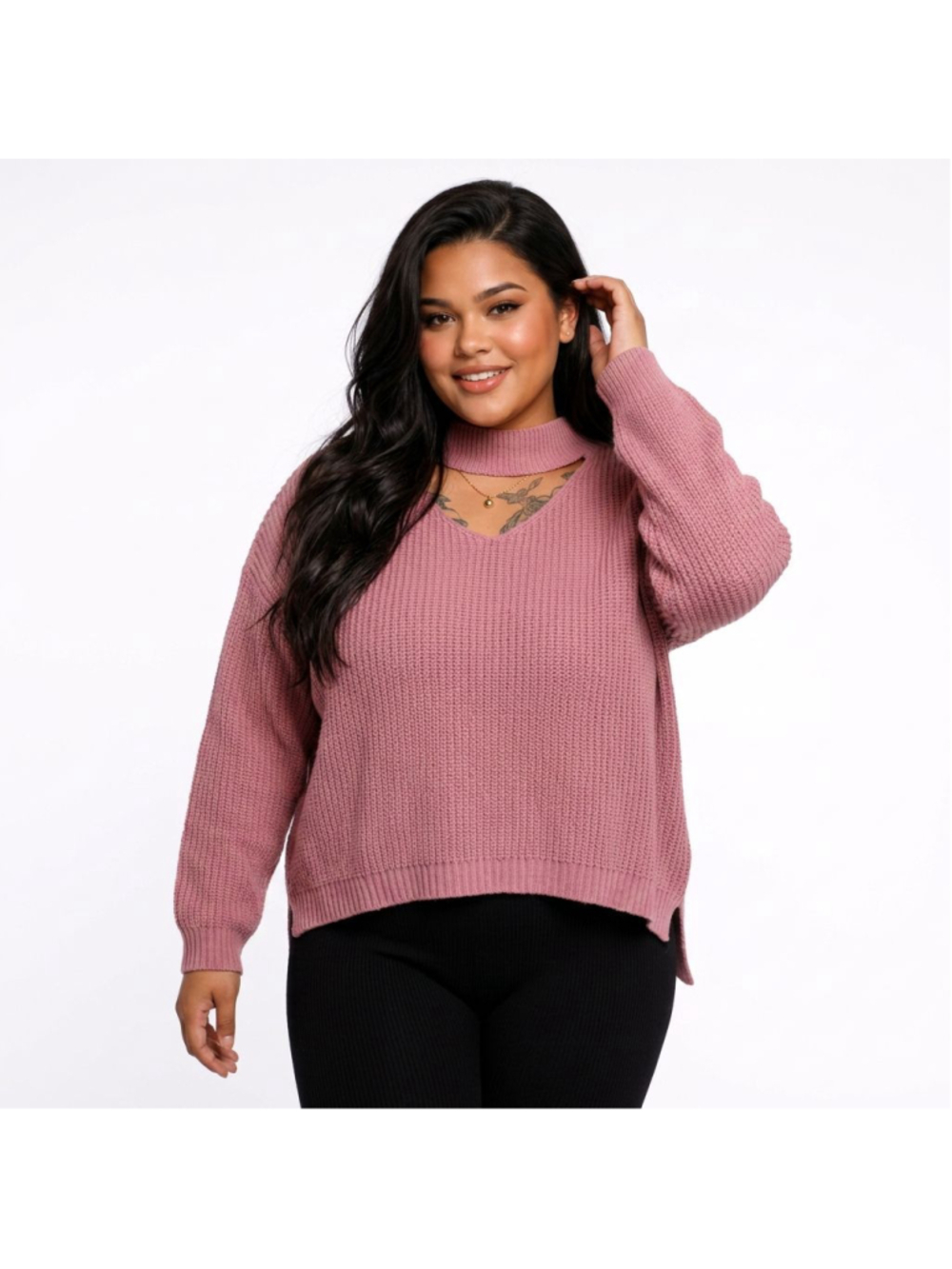 Boohoo Plus-size Pink V-Neck Choker Sweater Size 22/2X Oversized Chunky Knit